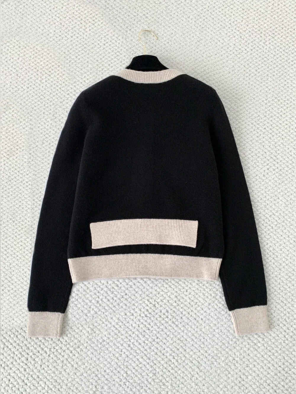 CHANEL Black Cashmere cardigan Sweater with Cream Trim Crewneck